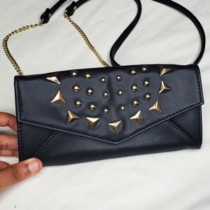 EUC Chic Black Clutch Wallet Crossbody w/Gold Studs